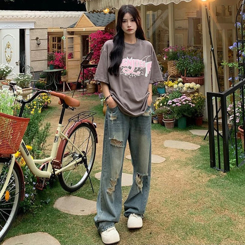 Women's High-Waisted Ripped Wide-Leg Jeans – Vintage American Retro Distressed Denim