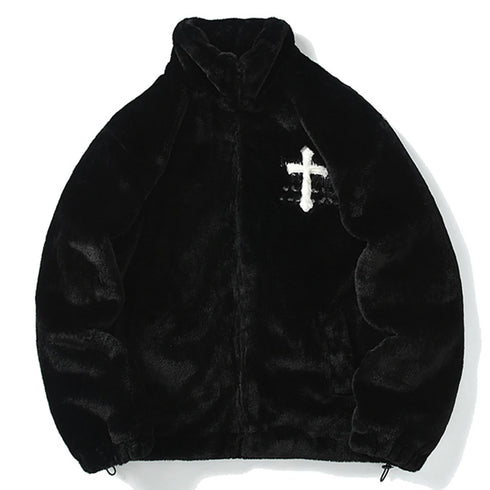 Cross Embroidery Oversized Fleece Jacket – Harajuku Streetwear Hip Hop Fluffy Zipper Coat for Men