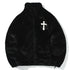 Cross Embroidery Oversized Fleece Jacket – Harajuku Streetwear Hip Hop Fluffy Zipper Coat for Men