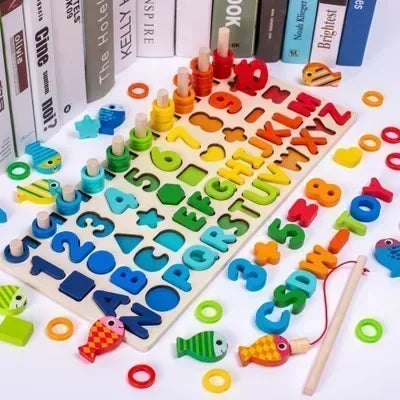Montessori Wooden Math Puzzle Toy – Busy Board with Shapes, Colors, Counting & Fishing Game for Kids