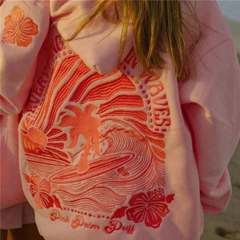 Premium Cotton-Polyester Fleece Pullover Featuring Unique “Everything Comes in Waves” and Hawaii Hibiscus Designs, Comfortable Fit for Everyday Wear