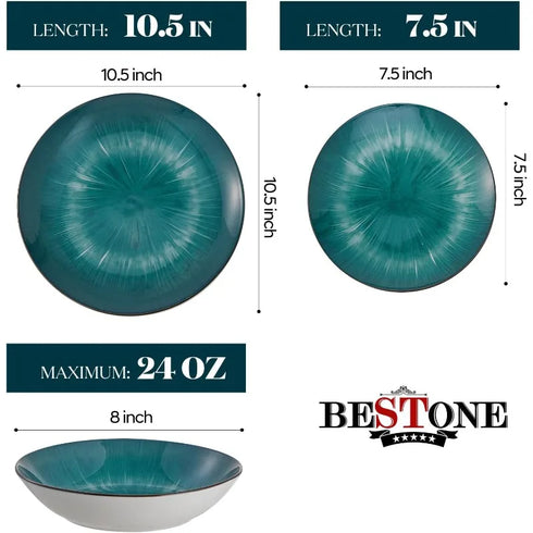 12-Piece Green Marble Porcelain Dinnerware Set – Plates and Bowls for 4, Premium Round Kitchen Dish Set, Microwave & Dishwasher Safe