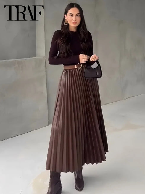 Women's High-Waist Pleated Satin Maxi Skirt - Elegant Long Skirt for Spring/Summer 2025