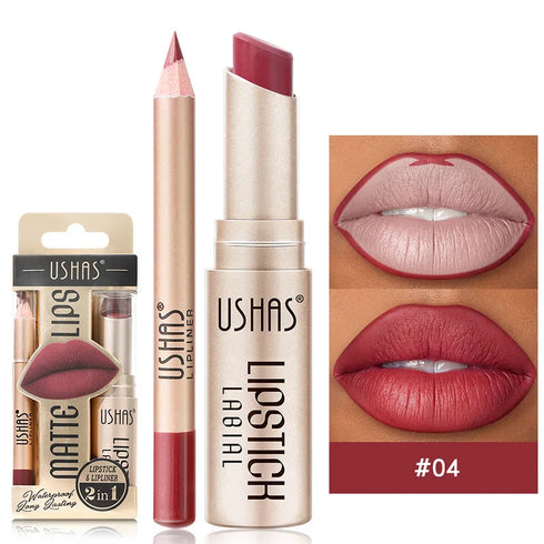USHAS 2-in-1 Long-Lasting Lipstick & Lip Liner Set – Matte, High-Pigment, Smudge-Proof Nude & Red Shades for Bold, Defined Lips
