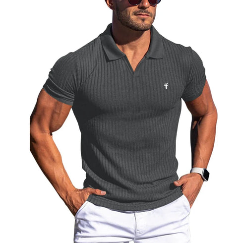 New Men's Elastic Polo Shirt-Summer Turn Down Collar Top