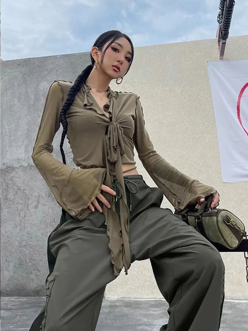 Women’s Slim Fit Lace-Up Pullover Blouse with Turn-Down Collar and Flare Sleeves – High Stretch Broadcloth Fabric, Short Length, Sexy Club Style for Middle Age, Summer