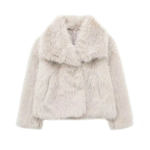 Women’s Cropped Faux Fur Jacket – Chic Lapel Collar Snap-Button Winter Coat