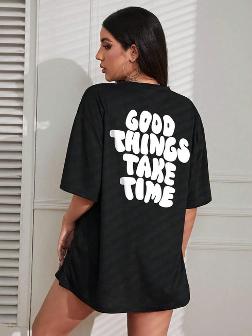 Women's O Neck Cotton Tee Shirts-Good Things Take Time Letter Printed Summer Tops
