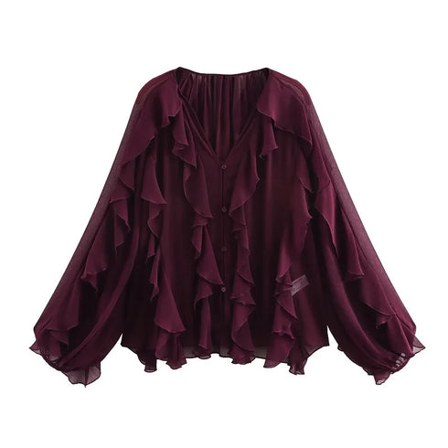 TRAF Women’s Ruffled V-Neck Chiffon Blouse – Long Sleeve Semi-Sheer Mori Girl Style Top with Butterfly Sleeves and Loose Fit – Spring/Summer 2025 Casual Fashion for Ladies