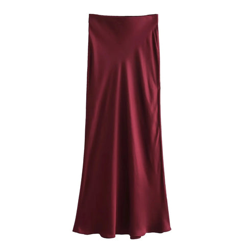 Women’s Solid Satin Midi Skirt with Silk Texture – Slim Fit Empire Waist Mermaid Skirt for Elegant Party and Vintage Fashion