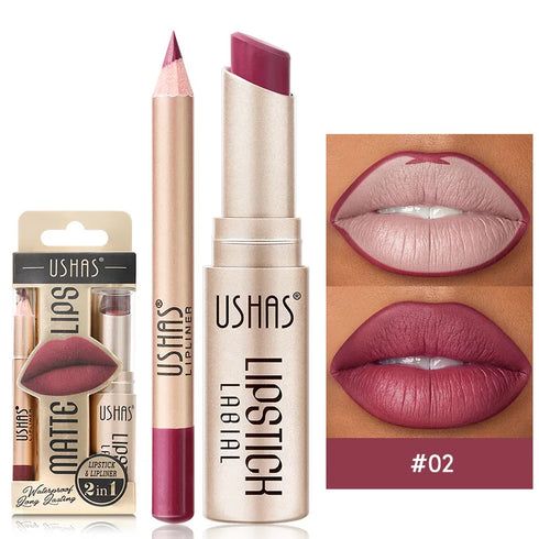 USHAS 2-in-1 Long-Lasting Lipstick & Lip Liner Set – Matte, High-Pigment, Smudge-Proof Nude & Red Shades for Bold, Defined Lips