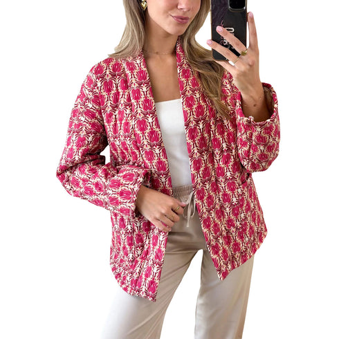 Vintage Print Women's Quilted Winter Jacket – Open Front Long Sleeve Cardigan Coat with Pockets – Casual Polyester Outerwear