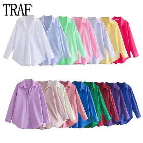 TRAF Women's Oversized Multicolour Long Sleeve Summer Shirt – Loose Fit Turn-Down Collar Button-Up Casual Top – Lightweight Poplin Fabric Streetwear Blouse for Middle-Aged Women