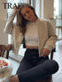 Women’s Vintage Cropped Bomber Jacket - Casual Winter Woolen Coat with Button Closure and Pockets