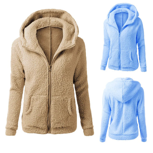 Soft Winter Hooded Overcoat for Women – Korean Style Warm Fleece Padded Jacket with Zipper – Casual Thick Autumn Outerwear