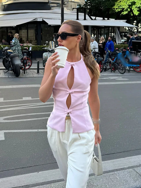 TRAF Women’s Vintage-Inspired Sleeveless Bow-Trimmed Tank Top – Elegant Solid O-Neck Off-Shoulder Casual Vest for Spring and Summer