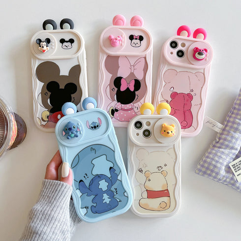 3D Ears Cartoon Sliding Camera Case | Stitch, Mickey, Minnie, Winnie Bear Design for iPhone 11-16 Pro Max, XR, XS, and More