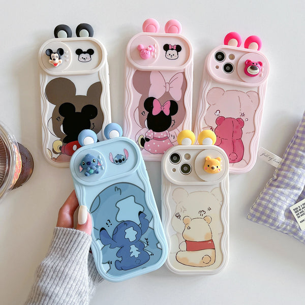 3D Ears Cartoon Sliding Camera Case | Stitch, Mickey, Minnie, Winnie Bear Design for iPhone 11-16 Pro Max, XR, XS, and More