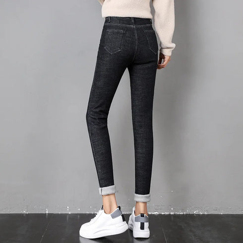 Women's High-Waisted Skinny Jeans – Thick Denim Pencil Pants for Winter