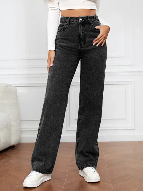 Women's High-Waisted Loose-Fit Straight-Leg Coated Jeans – Ankle-Length Winter Denim
