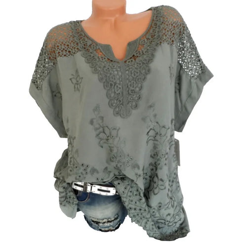 Solid Color Lace-Trimmed Loose Fit Casual Top with Short Sleeves and Office Lady Styling for Middle-Aged Women