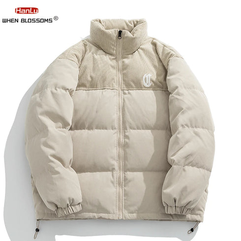 Unisex Corduroy Embroidered Winter Parka – Thick Down Cotton Jacket for Casual Streetwear