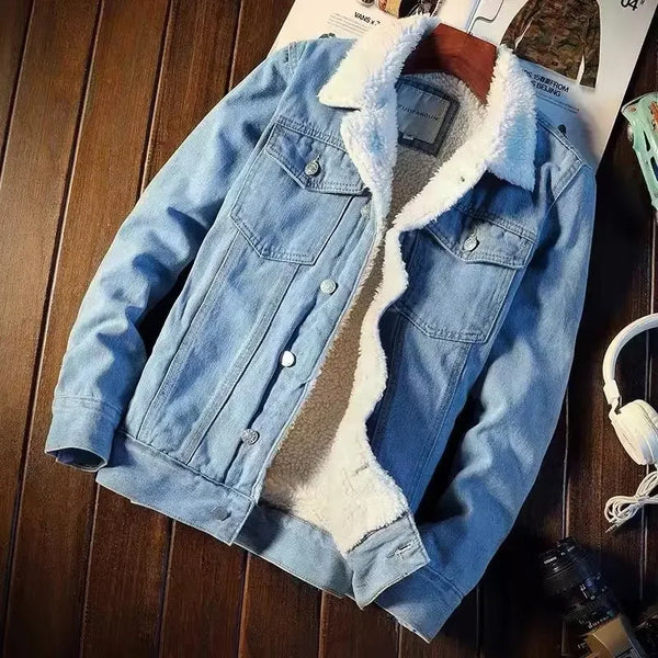 Men's Winter Vintage Fleece-Lined Denim Jacket | Trendy Korean-Style Cotton-Padded Casual Coat