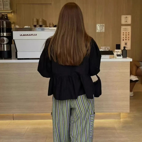 TRAF Women’s 2024 Ruffled Puff Sleeve Cropped Blouse – Short O-Neck Ruched Top in White or Black with Slight Stretch – Loose Fit Blended Fabric Shirt for Summer and Autumn Beachwear Style