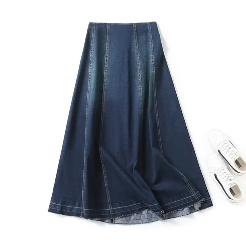 Women's Vintage Denim A-Line Skirt Dress - Mid-Calf Length Zippered Casual Spring Summer for Modern Elegance (2024 Edition)