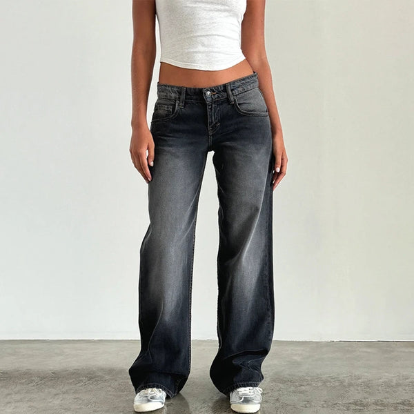 Women's Vintage Wide-Leg Denim Jeans – Low-Waist Loose-Fit Summer Pants