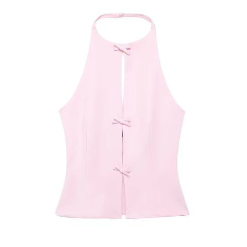 TRAF Women’s Vintage-Inspired Sleeveless Bow-Trimmed Tank Top – Elegant Solid O-Neck Off-Shoulder Casual Vest for Spring and Summer