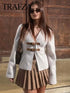 Women’s Retro Woolen Coat - Solid Beige V-Neck Long Sleeve Jacket with Belt Closure - Chic Streetwear for Winters