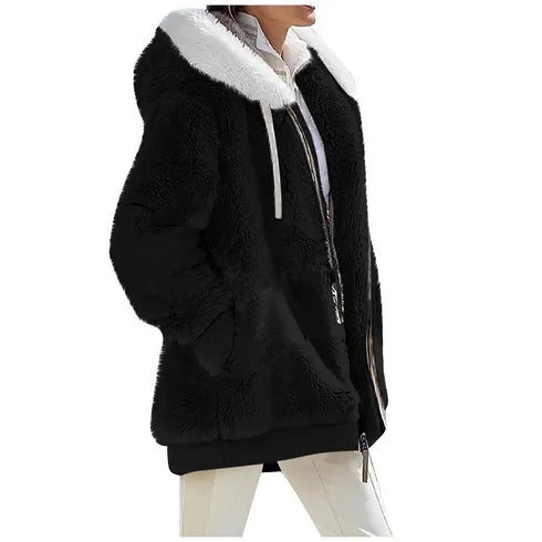 Women's Thick Cashmere & Polyester Hooded Jacket – Streetwear Style for Winter
