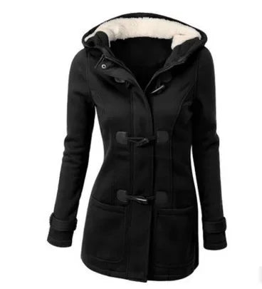 Women’s Hooded Cotton Winter Coat - Classic Cow Horn Button Jacket with Leather Buckle for Timeless Style