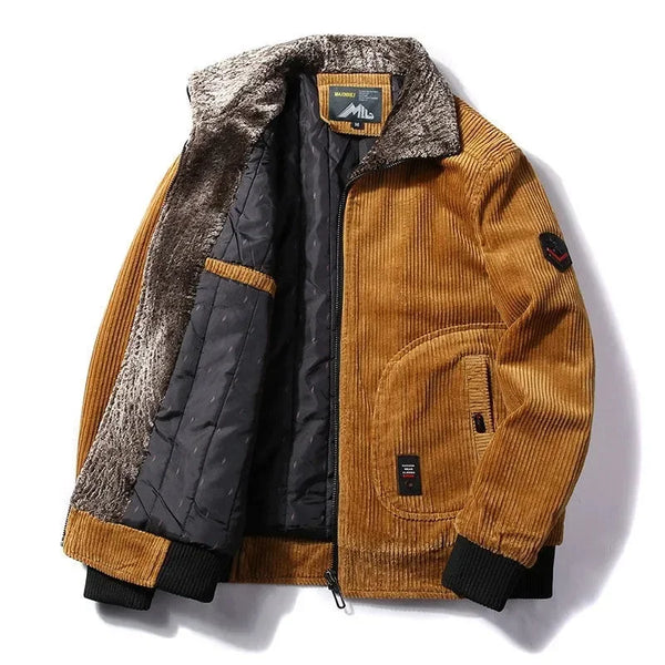 Men’s Winter Corduroy Jacket with Fur Collar – Thermal Windbreaker Casual Outwear