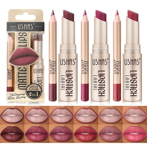 USHAS 2-in-1 Long-Lasting Lipstick & Lip Liner Set – Matte, High-Pigment, Smudge-Proof Nude & Red Shades for Bold, Defined Lips