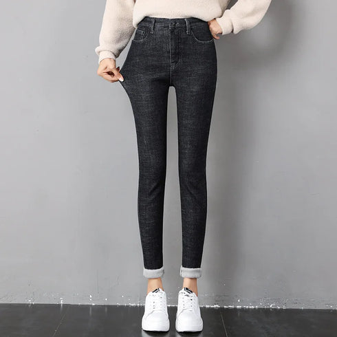 Women's High-Waisted Skinny Jeans – Thick Denim Pencil Pants for Winter