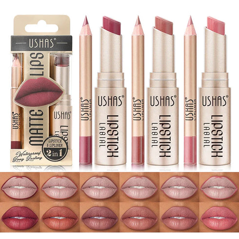 USHAS 2-in-1 Long-Lasting Lipstick & Lip Liner Set – Matte, High-Pigment, Smudge-Proof Nude & Red Shades for Bold, Defined Lips