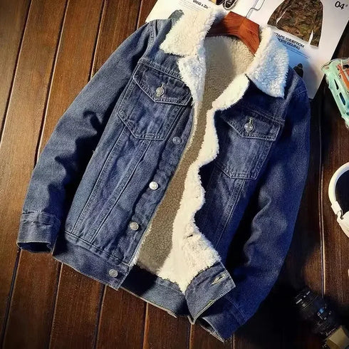 Men's Winter Vintage Fleece-Lined Denim Jacket | Trendy Korean-Style Cotton-Padded Casual Coat