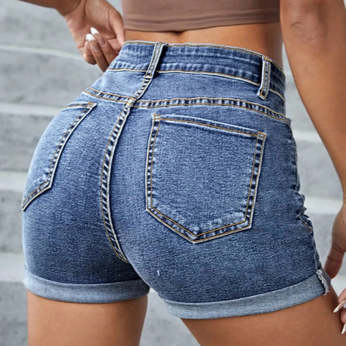 Women's Mid Waist Denim Shorts-Stretchy Pocket Jean Short