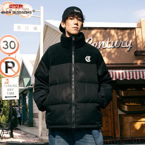 Unisex Corduroy Embroidered Winter Parka – Thick Down Cotton Jacket for Casual Streetwear