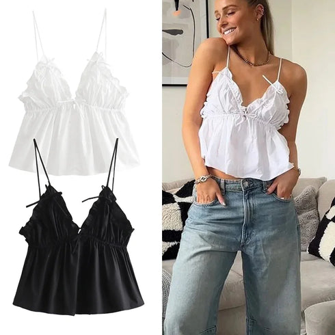 TRAF Women’s Backless Sleeveless Crop Top – Ruffled Bow-Tied Corset Camisole with Thin Straps and Solid Color Design in White or Black for Summer High Street Fashion