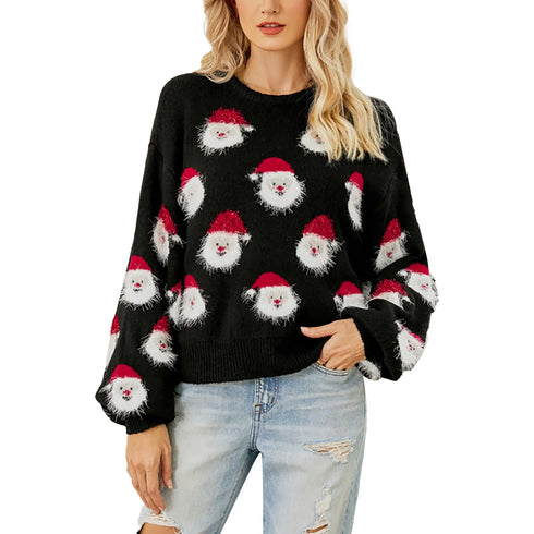 Women’s Christmas Santa Knit Sweater – Festive Long Sleeve Pullover with Furry Details