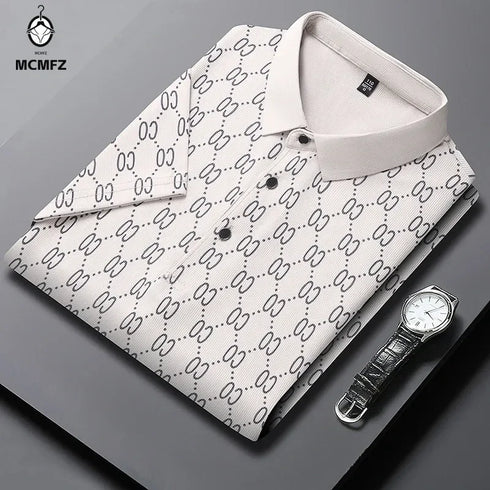 Men’s Casual Printed Polo Shirt – Lightweight, Anti-Wrinkle Polyester for Summer Wear