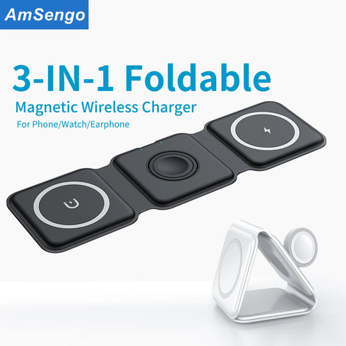 3 in 1 Foldable Magnetic Wireless Chargers-Portable Fast 15W Wireless Charger-for iPhone/Apple Watch/AirPods