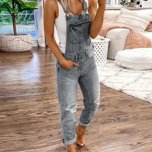 Women's High-Waist Skinny-Fit Denim Overalls – Classic Ankle-Length Jumpsuit with Distressed Details