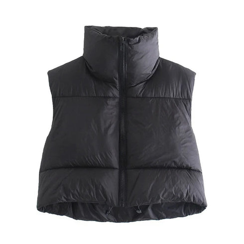 Women’s Winter Short Quilted Vest - Sleeveless Wide-Waisted Cotton Down Vest with Turtleneck and Zipper Closure for Outdoor Travel