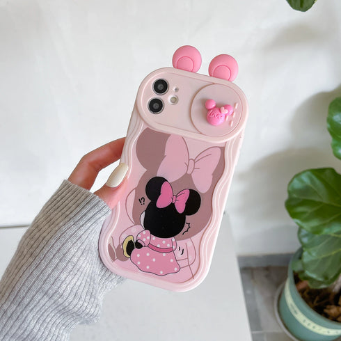 3D Ears Cartoon Sliding Camera Case | Stitch, Mickey, Minnie, Winnie Bear Design for iPhone 11-16 Pro Max, XR, XS, and More