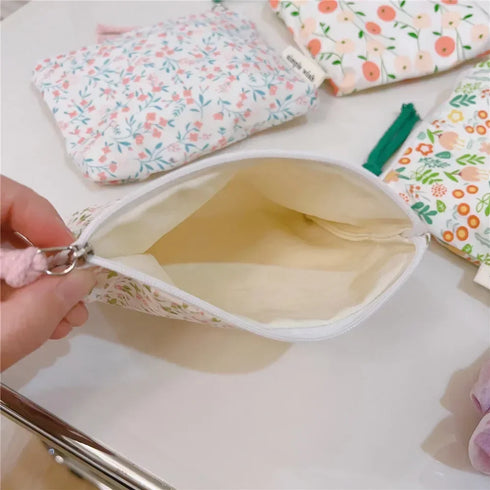 Fresh Pink Floral Cotton Cosmetic Bag Cute Mini Makeup Case for Lipstick Coin Purse card case and Earphone Storage