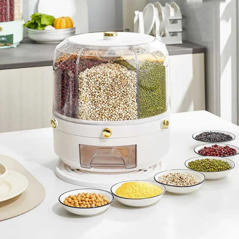 360° Rotating Rice Dispenser – Sealed Moisture-Proof Cereal & Grain Storage Container, 6-Compartment Kitchen Organizer for Dry Foods